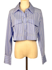 Blue and white striped shirt on a mannequin against a white background