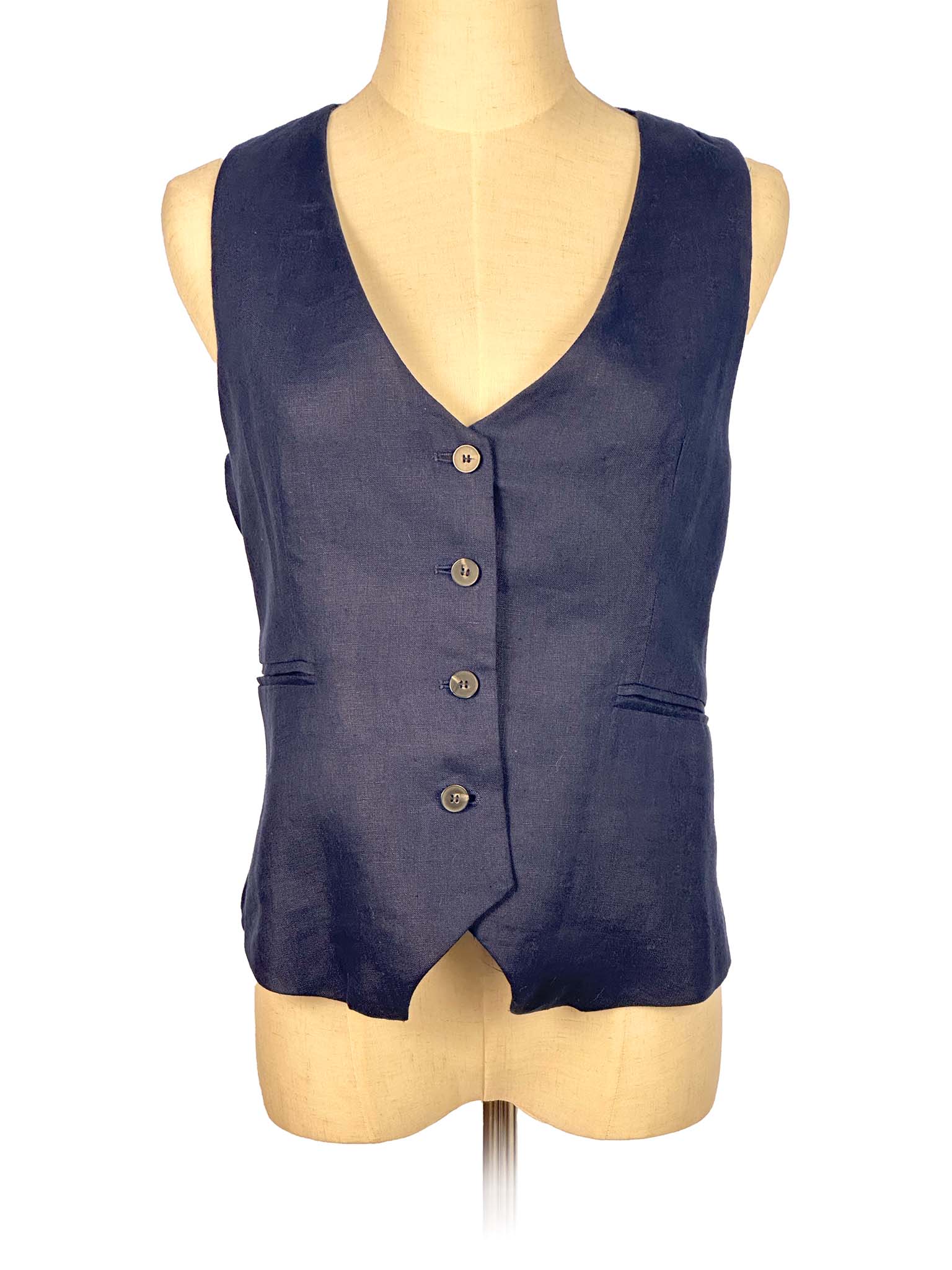 Navy blue vest on a female mannequin against a white background