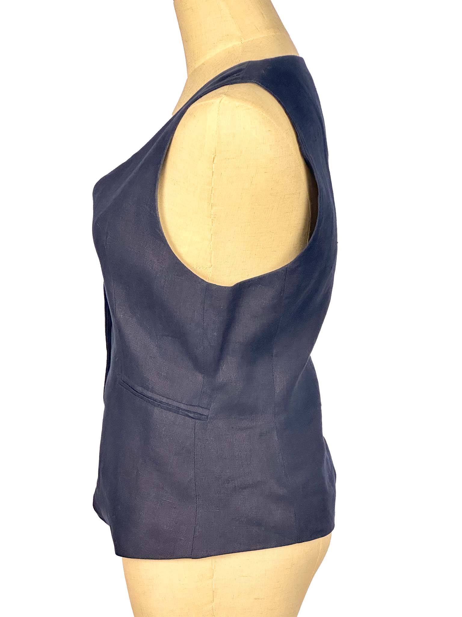 Navy blue vest on a female mannequin with a white background