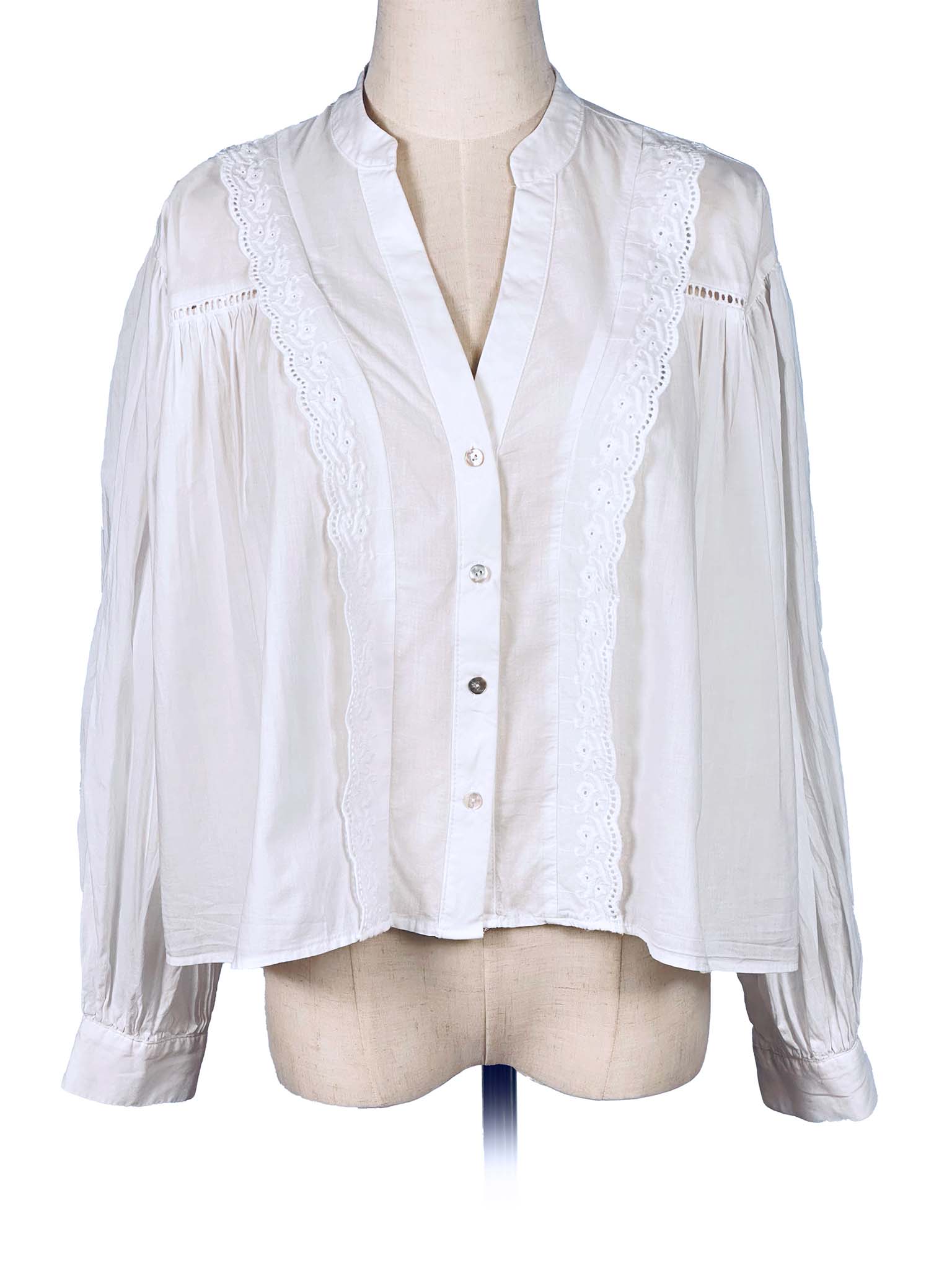 White blouse with lace details on a mannequin against a white background