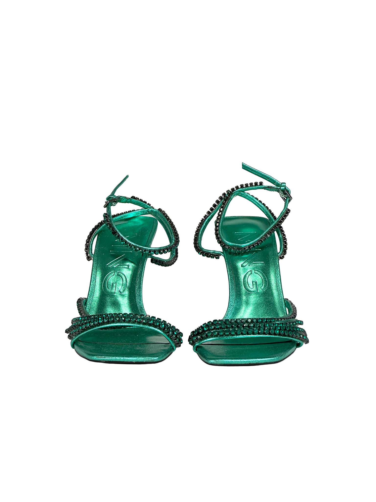 Pair of green high-heeled Mango shoes with embellishments on a white background
