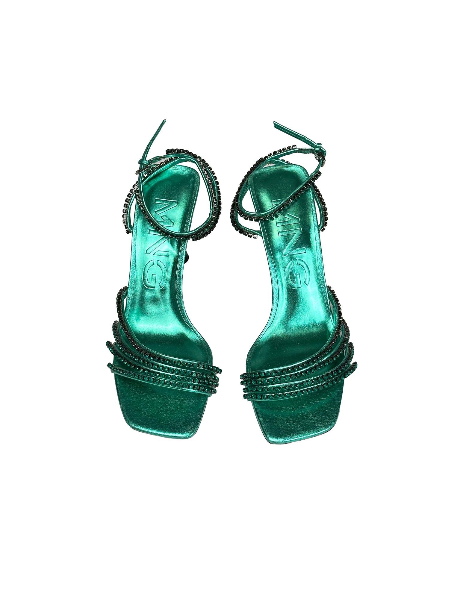 Pair of green high-heeled Mango shoes with embellishments on a white background