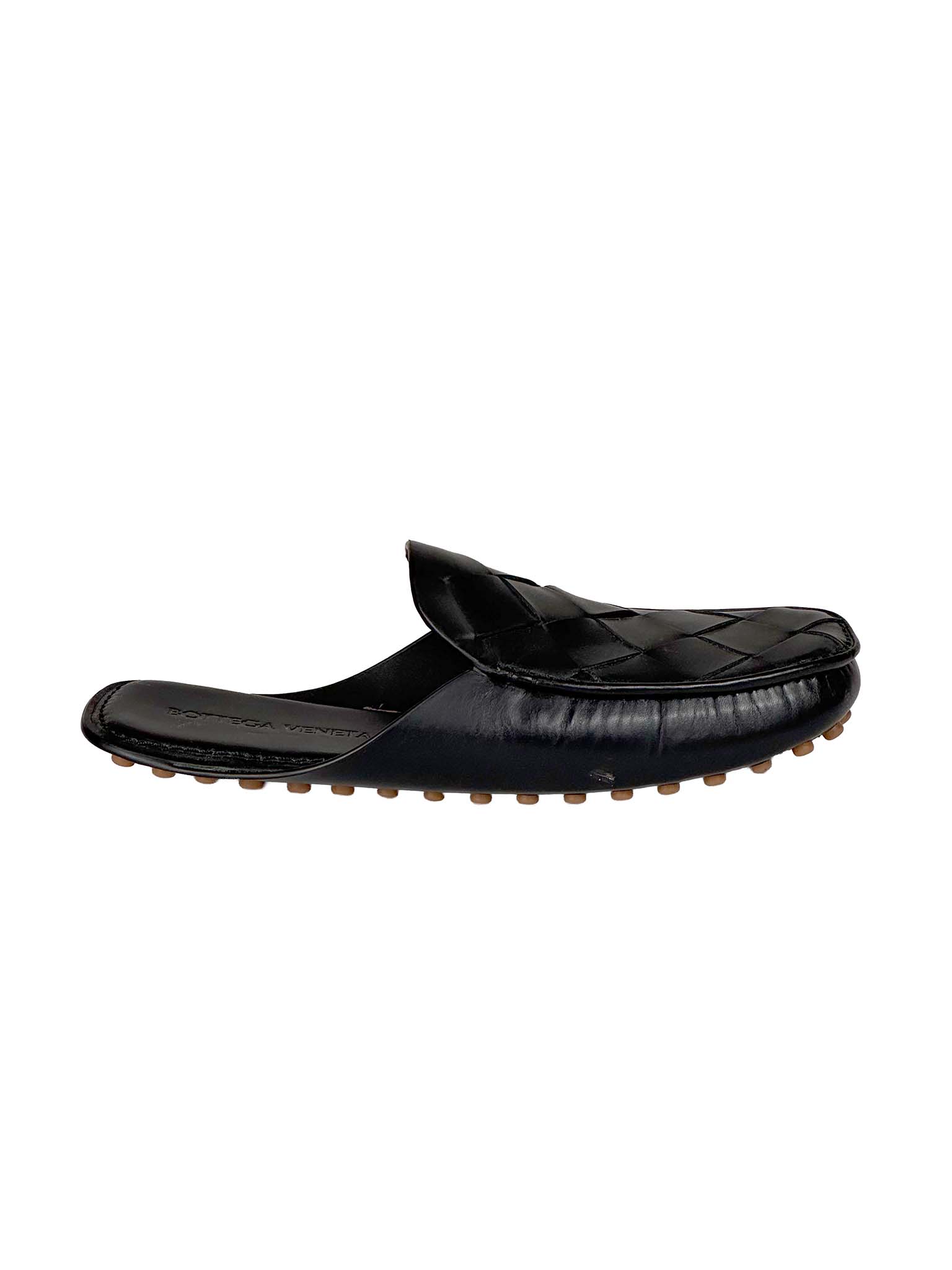 Bottega Veneta black loafer slipper on a white background