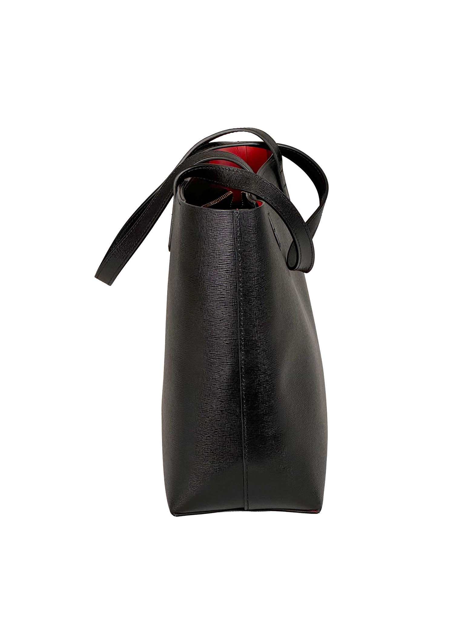 Mansur Gavriel black leather handbag with a strap on a white background