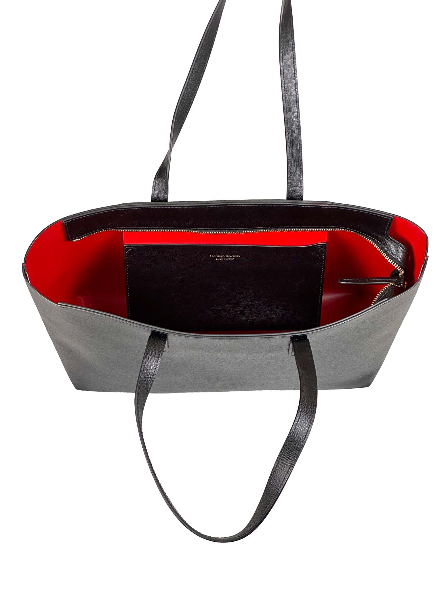 Mansur Gavriel black handbag with red interior on a white background