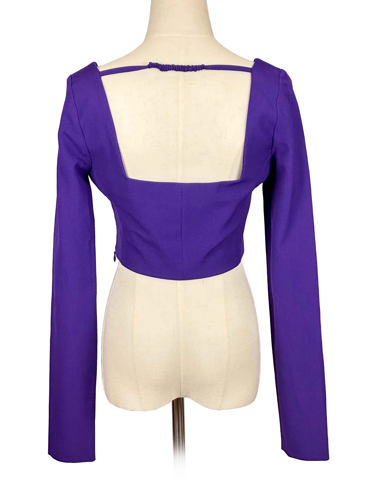 Zara purple long-sleeve crop top on a mannequin against a white background
