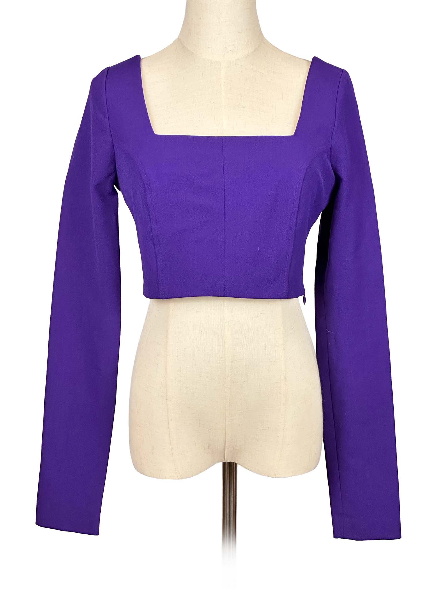 Zara purple long-sleeve crop top on a mannequin against a white background