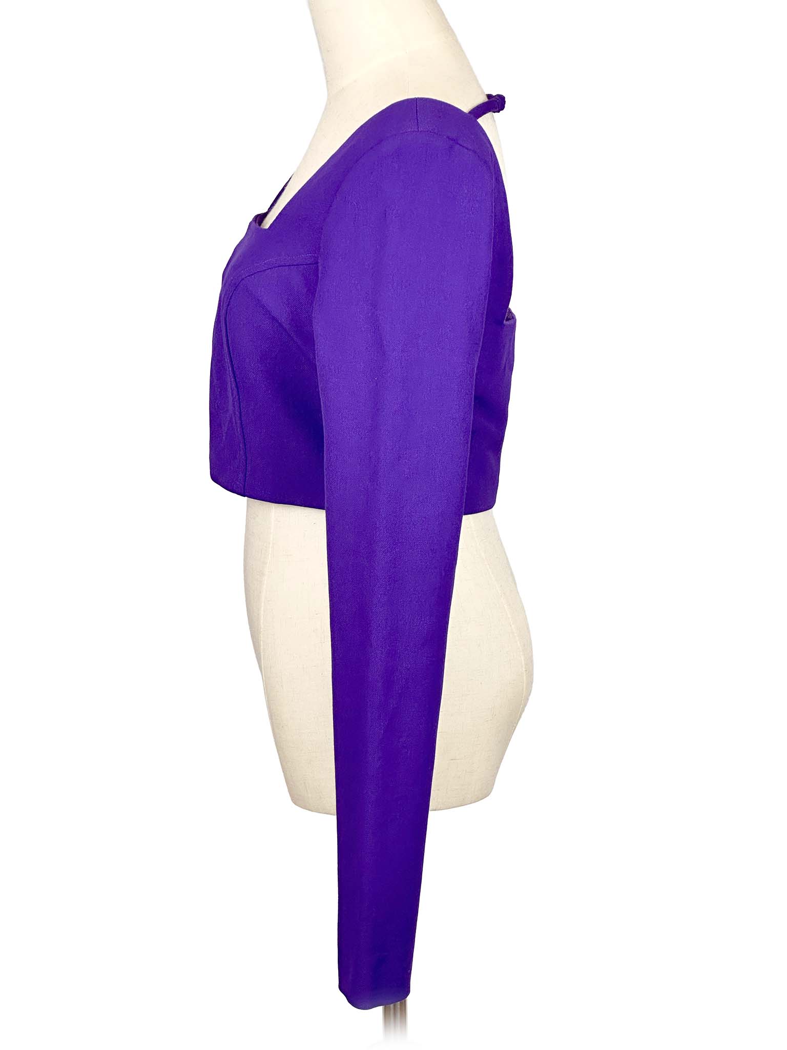 Zara purple long-sleeve crop top on a mannequin against a white background
