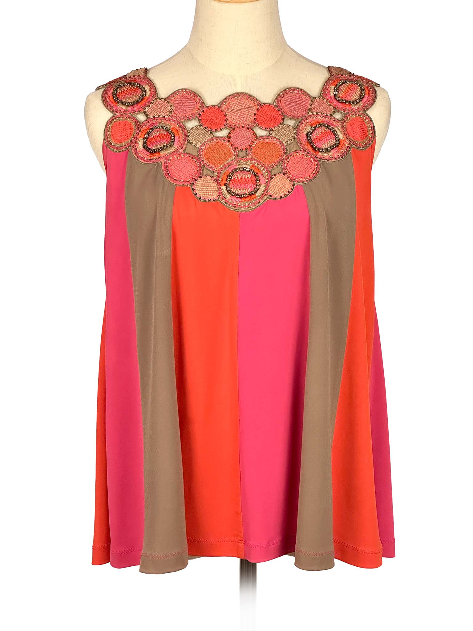 Ranna Gill sleeveless top with decorative lace details on a mannequin against a white background