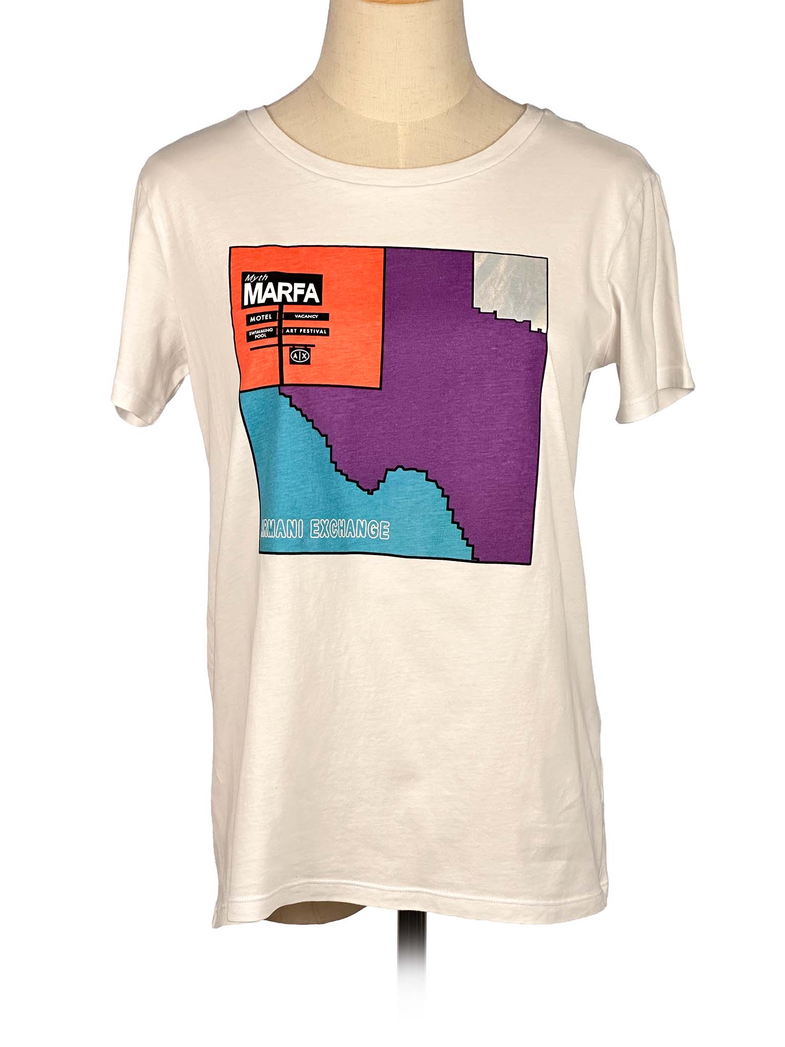 White Armani Exchange t-shirt with a colorful design on a mannequin against a white background