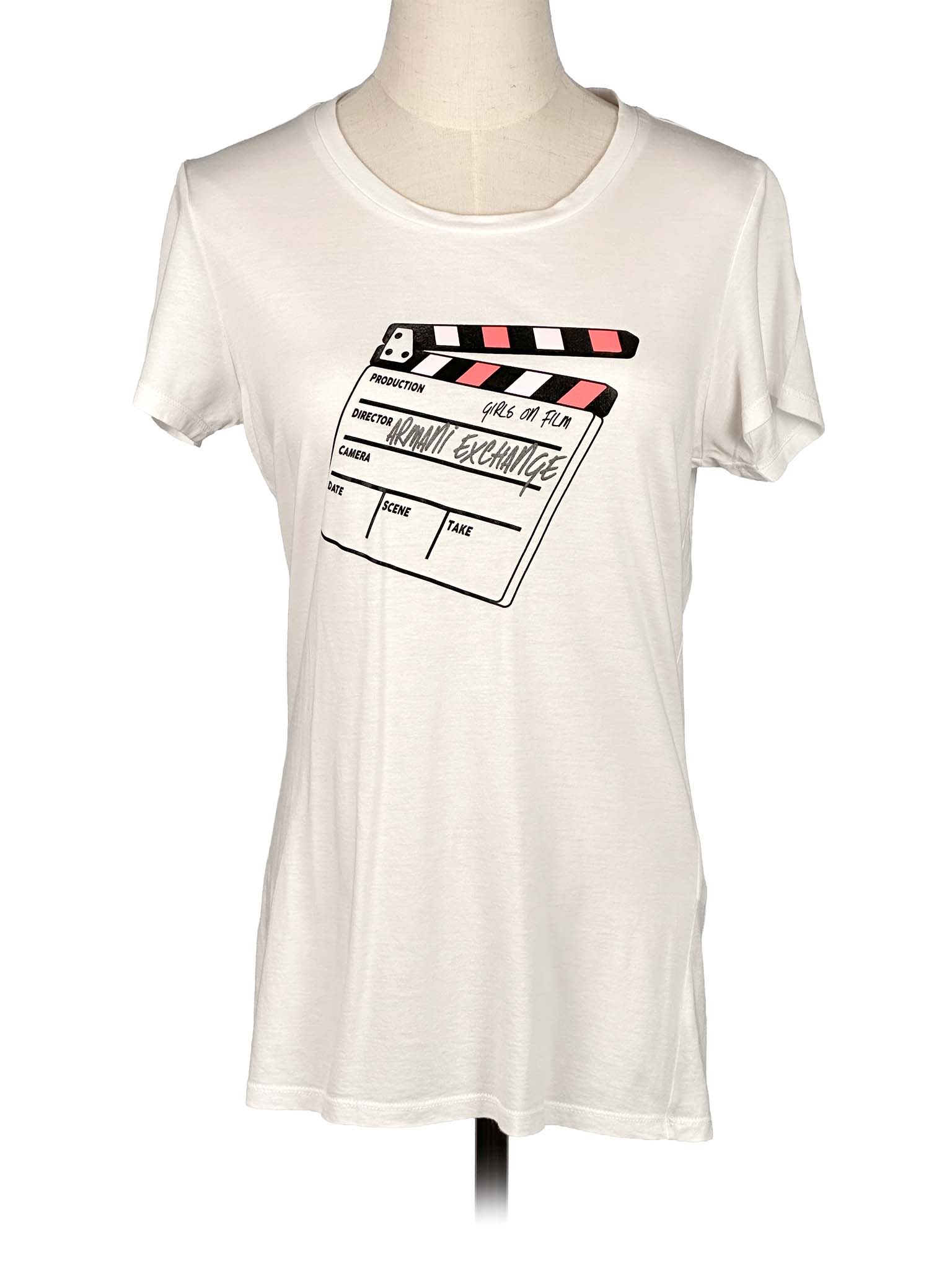 White Armani Exchange t-shirt with clapperboard design on a mannequin against a white background