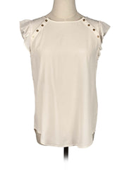 White sleeveless Loft top with ruffled shoulders on a mannequin against a white background