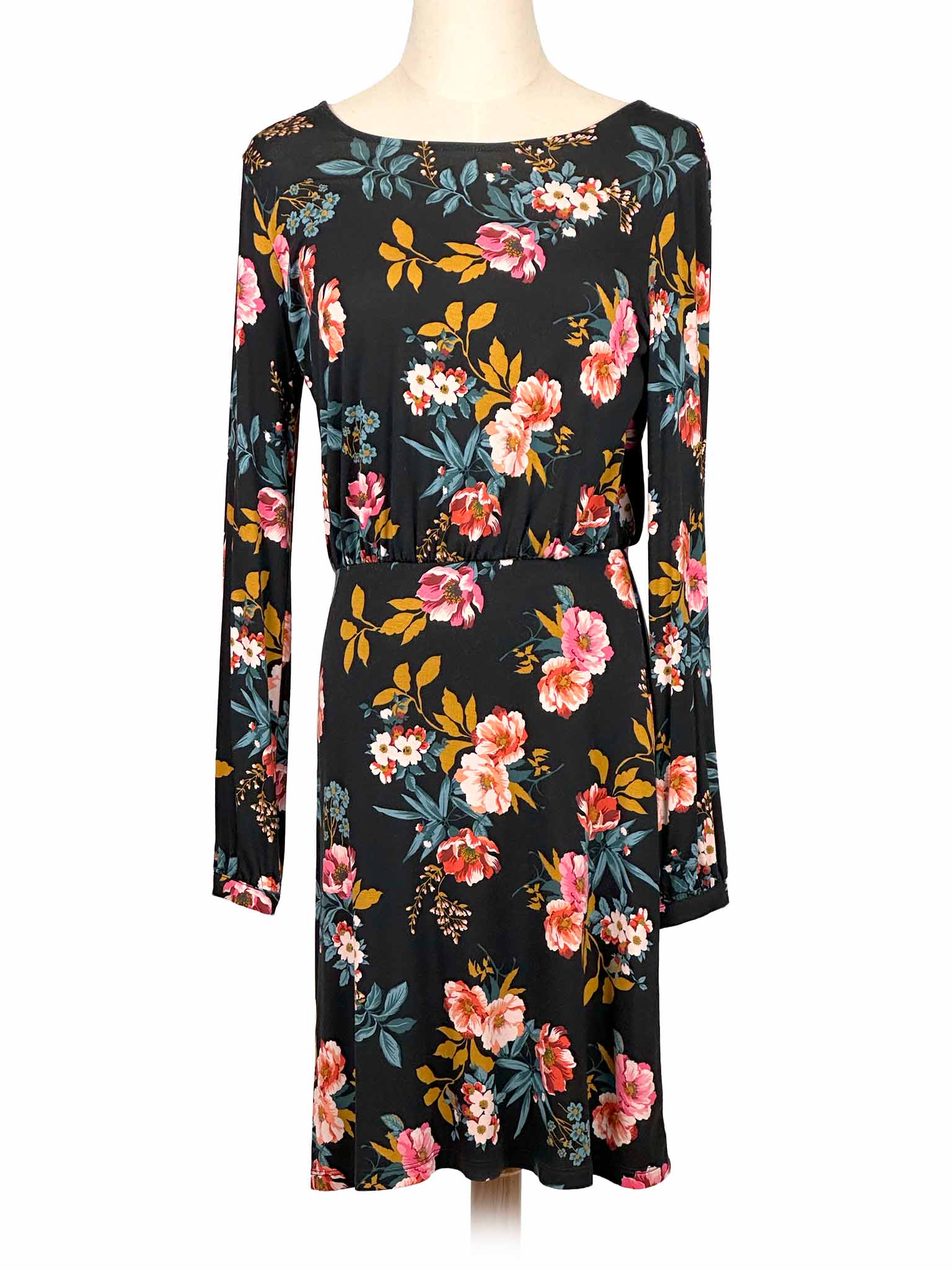 Loft floral dress on a mannequin against a white background