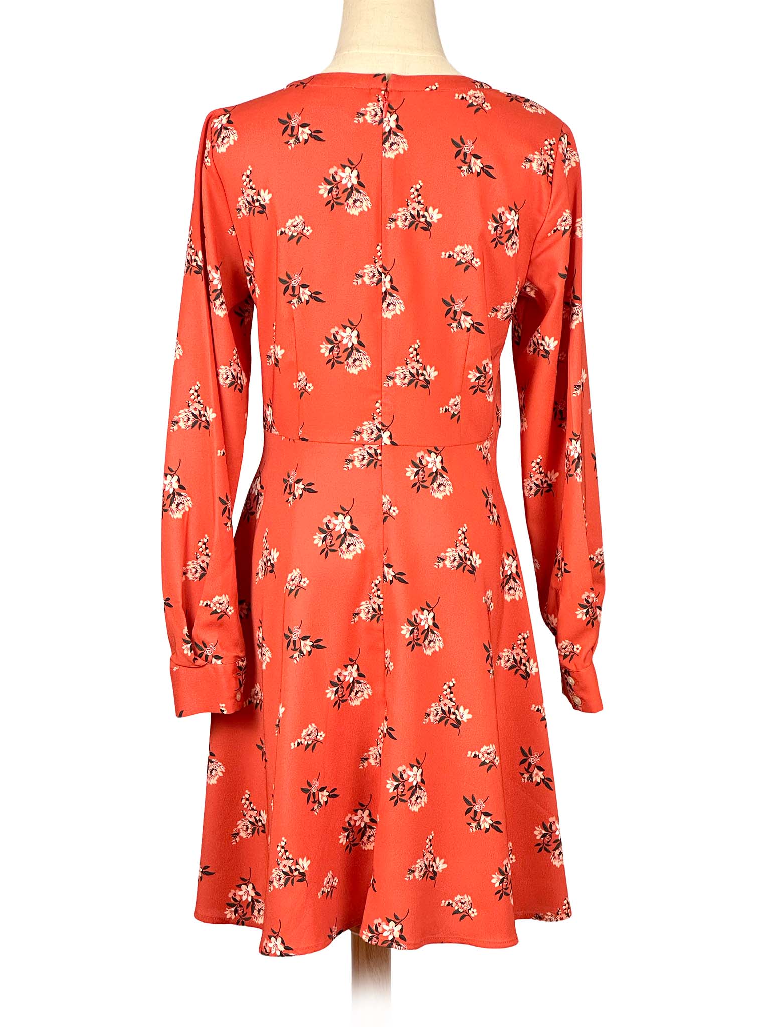 Red floral Loft dress on a mannequin against a white background