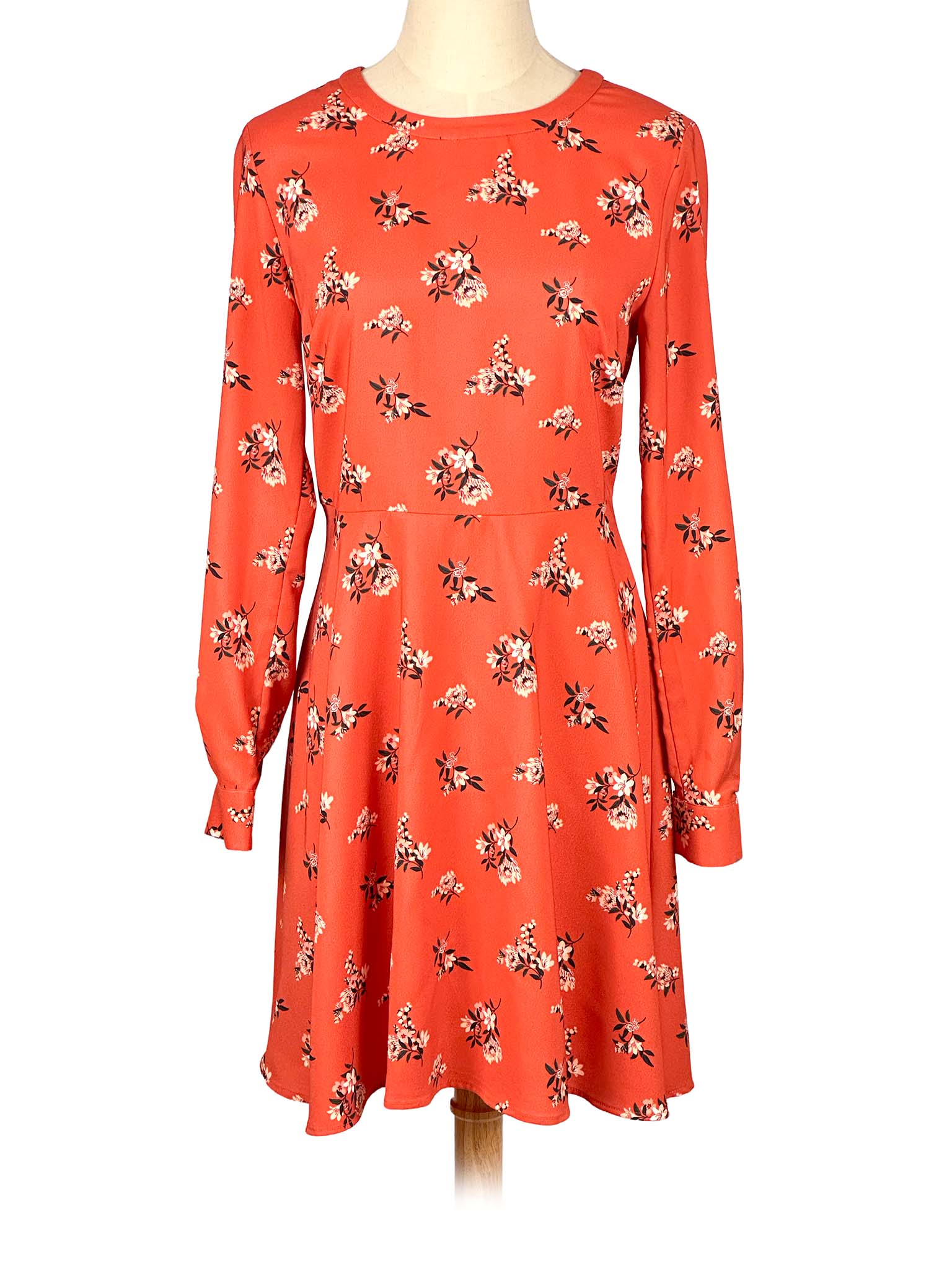 Red floral Loft dress on a mannequin against a white background