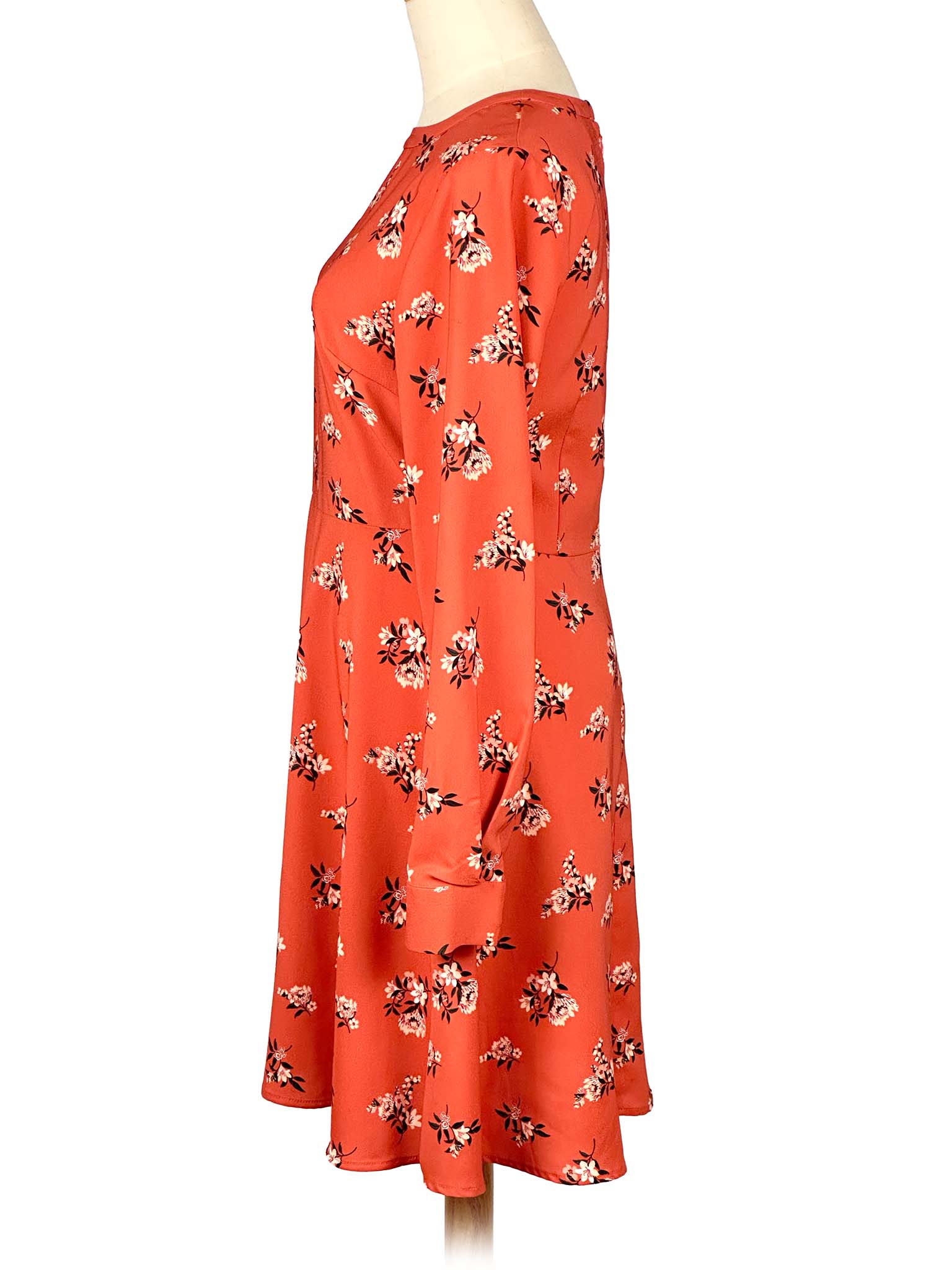 Red floral Loft dress on a mannequin against a white background