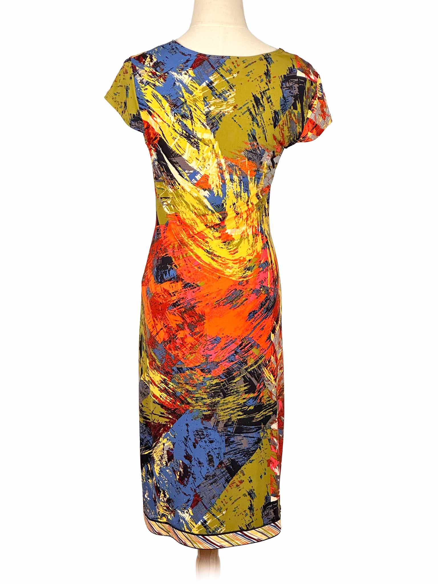 Colorful BCBG MaxAzria dress on a mannequin against a white background