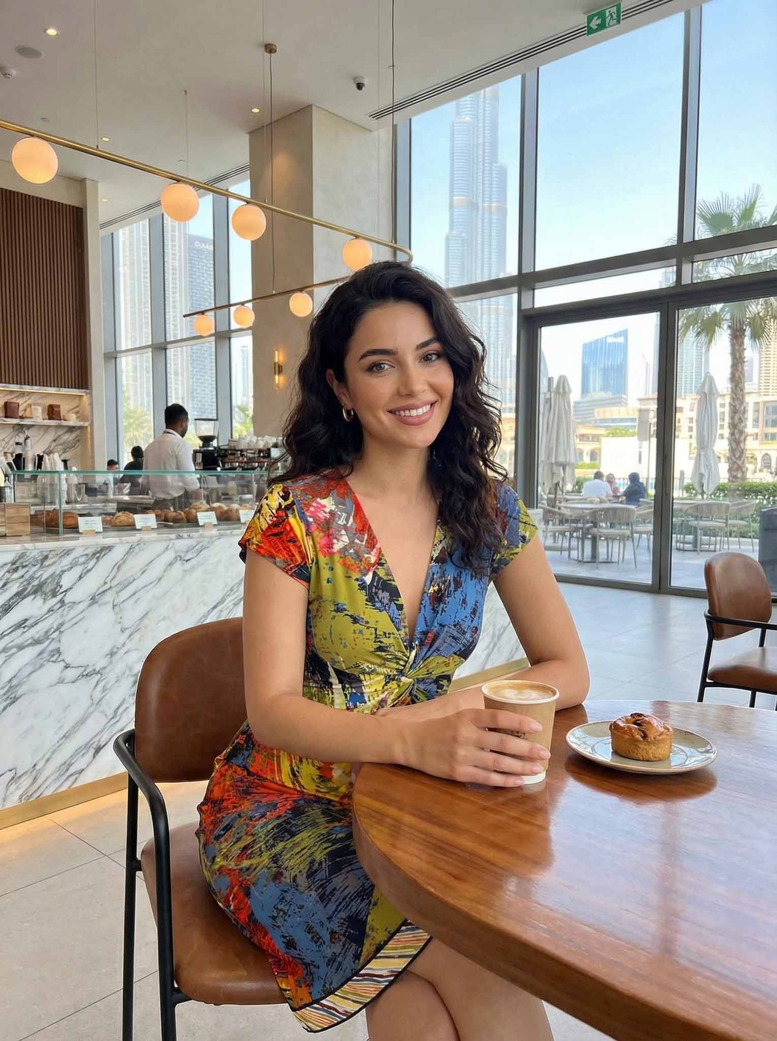 A woman sitting at a table in a modern cafe wearing a colorful BCBG MaxAzria dress and holding a coffee cup.