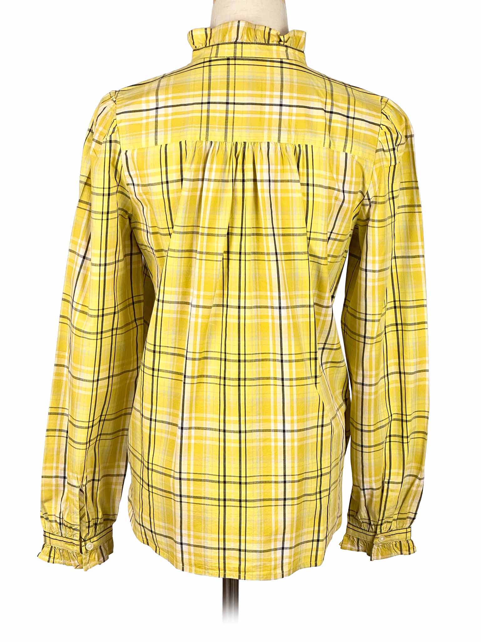 Yellow plaid Loft shirt on a mannequin against a white background