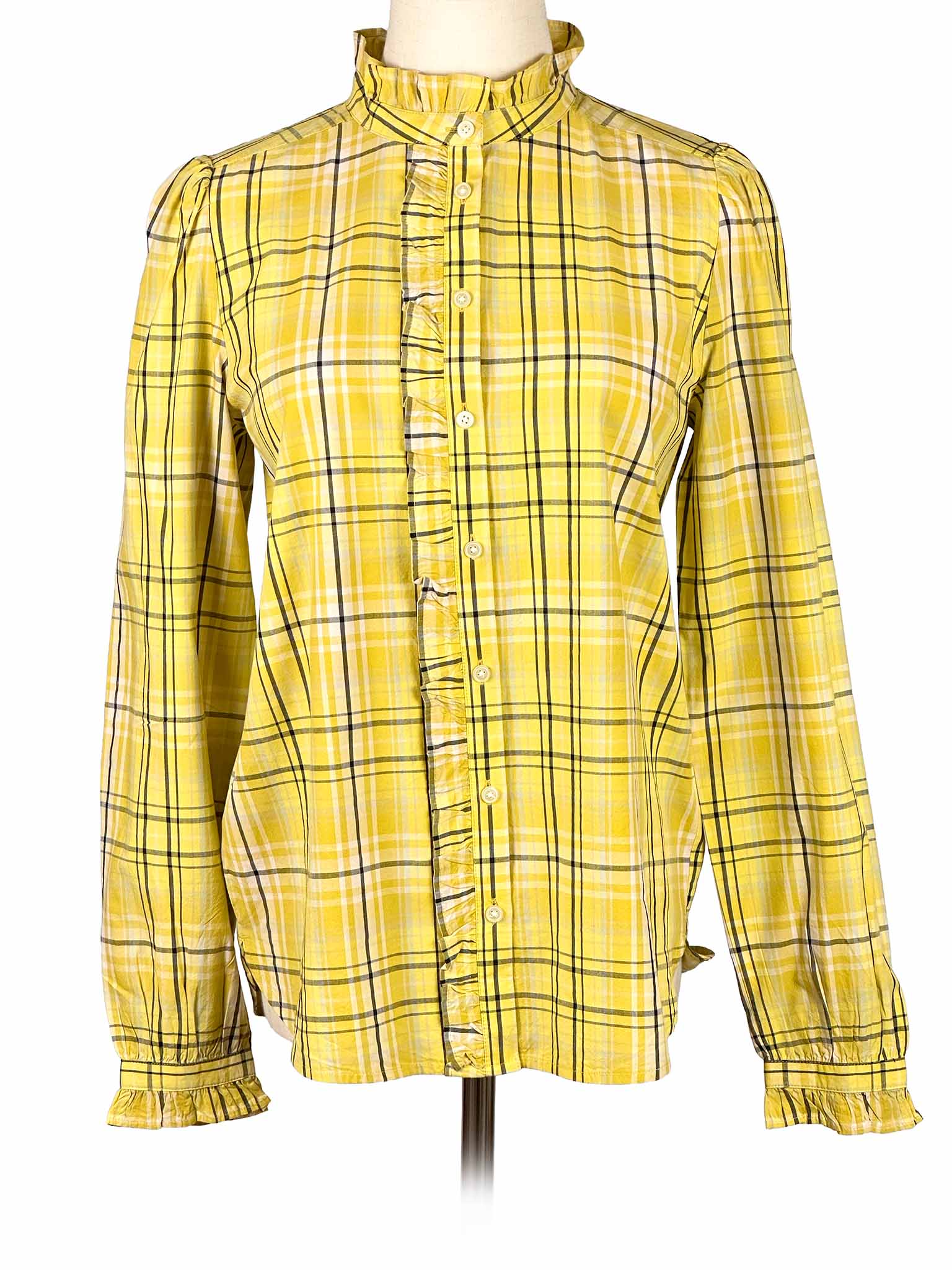 Yellow plaid Loft shirt on a mannequin against a white background