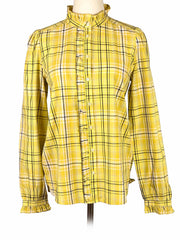 Yellow plaid Loft shirt on a mannequin against a white background