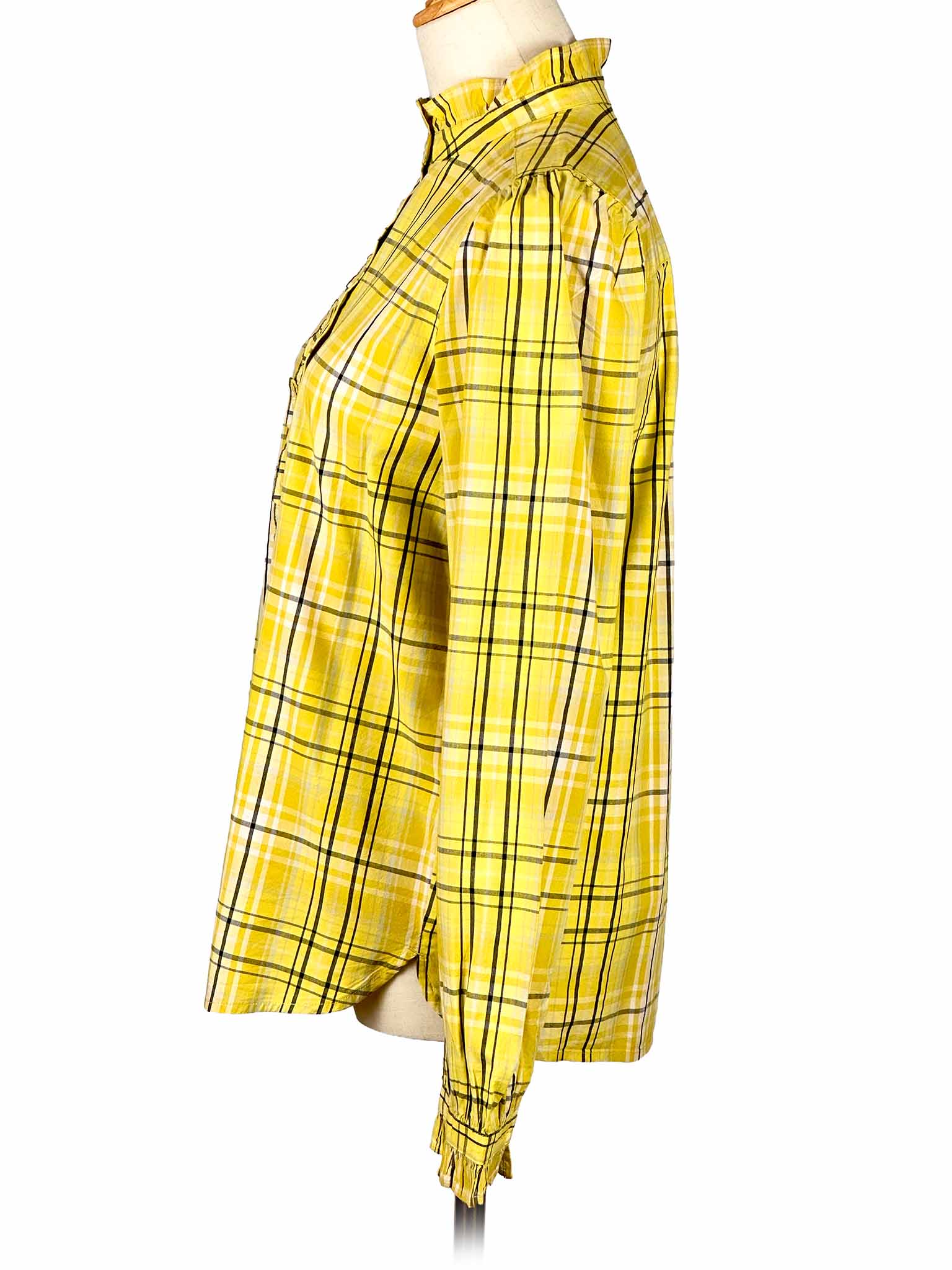 Yellow plaid Loft shirt on a mannequin against a white background