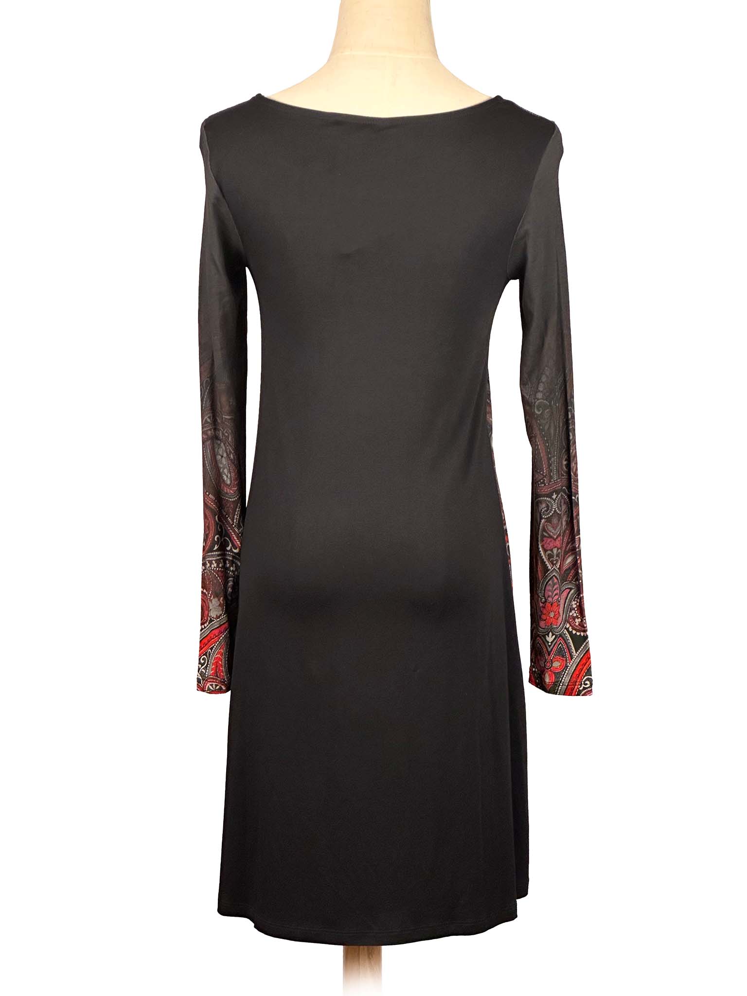 Black Desigual dress with patterned sleeves on a mannequin against a white background