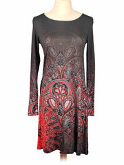 Long-sleeve Desigual dress with red and black paisley pattern on a mannequin against a white background