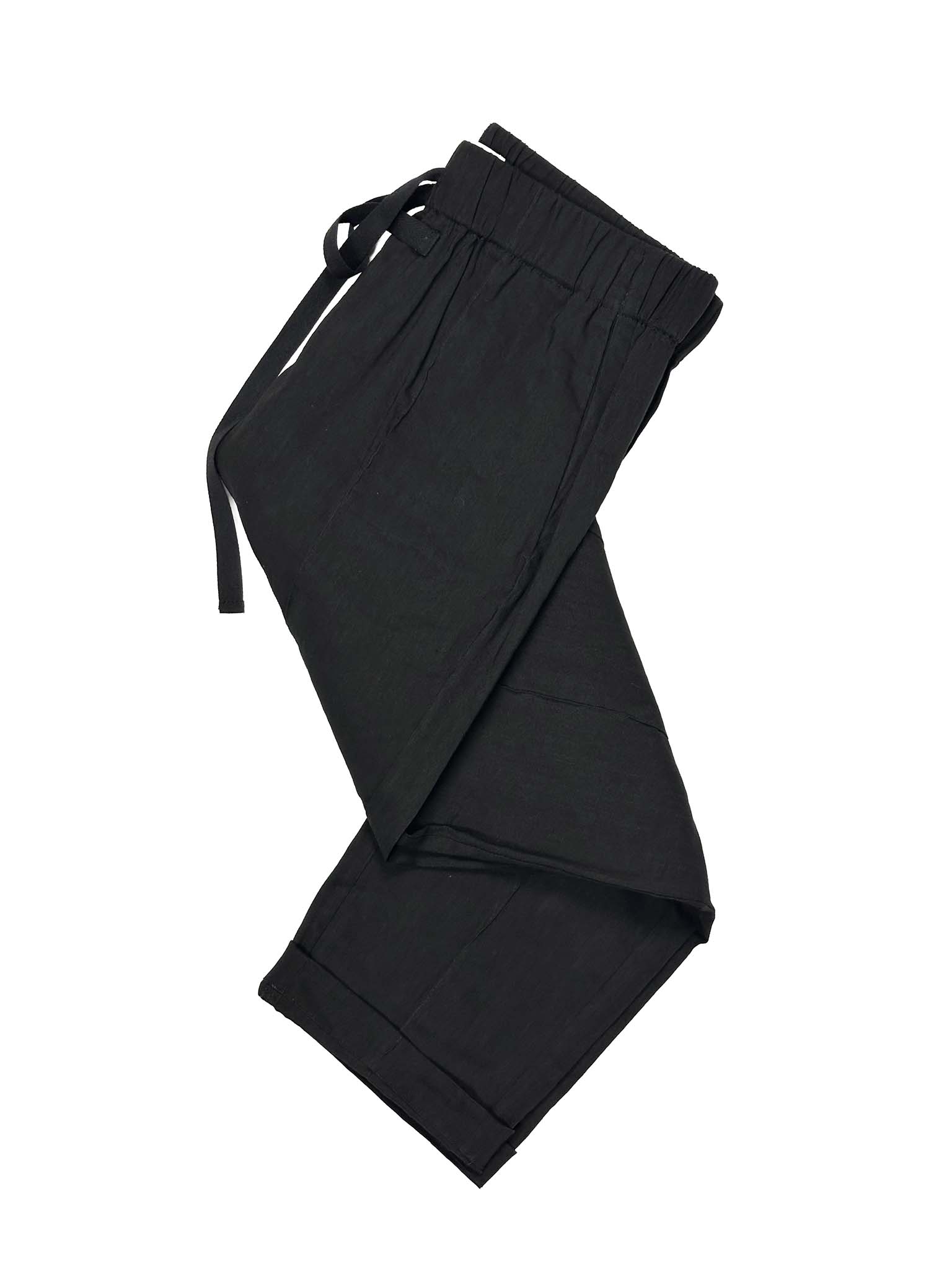 Babaton black linen pants with a tie waist on a white background