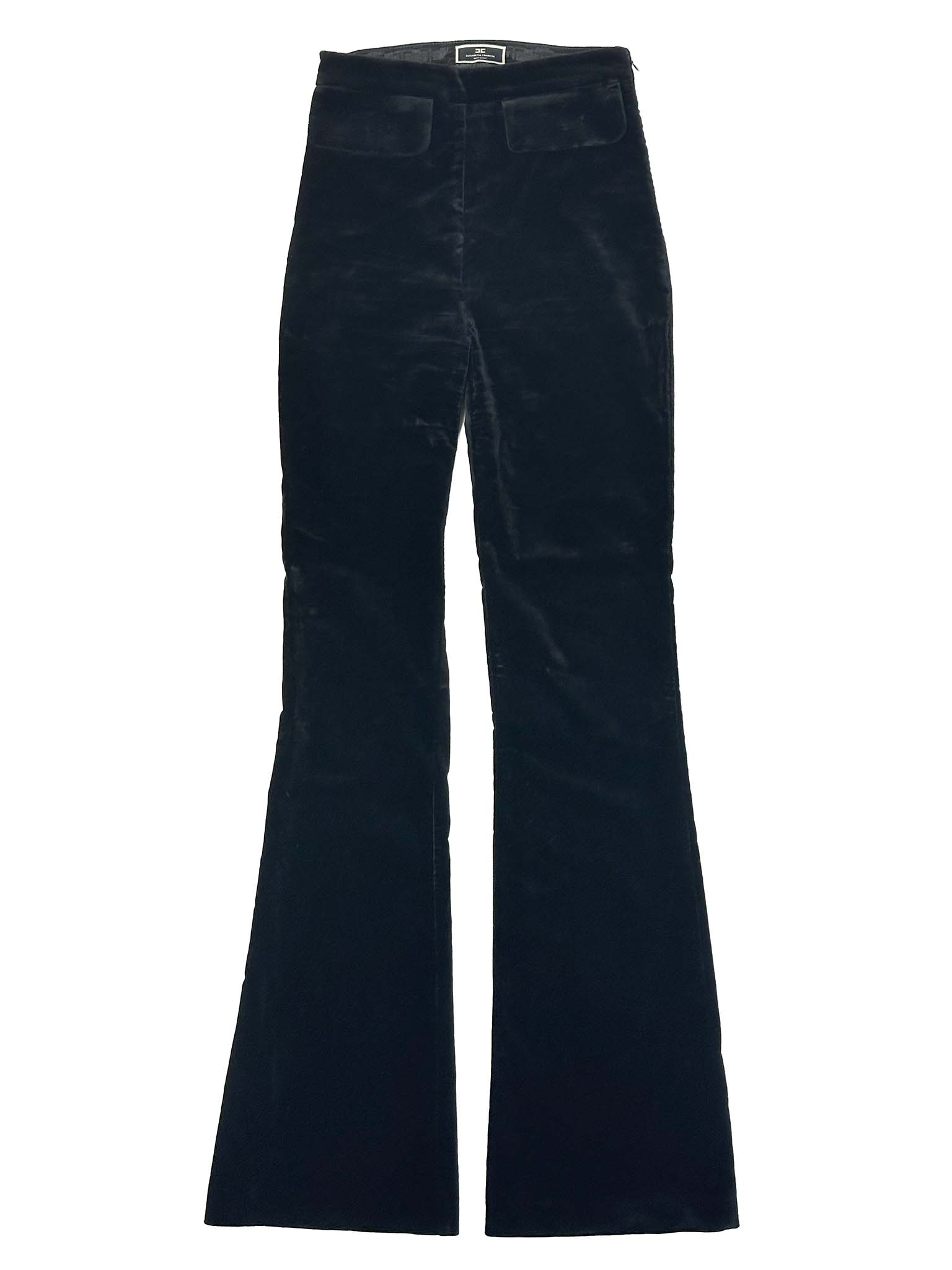 Elisabetta Franchi black velvet effect flared pants on a white background