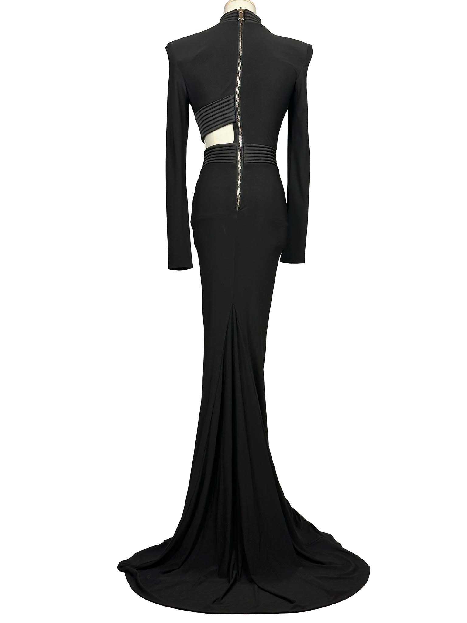 Zhivago black evening gown with zipper detail on a white background