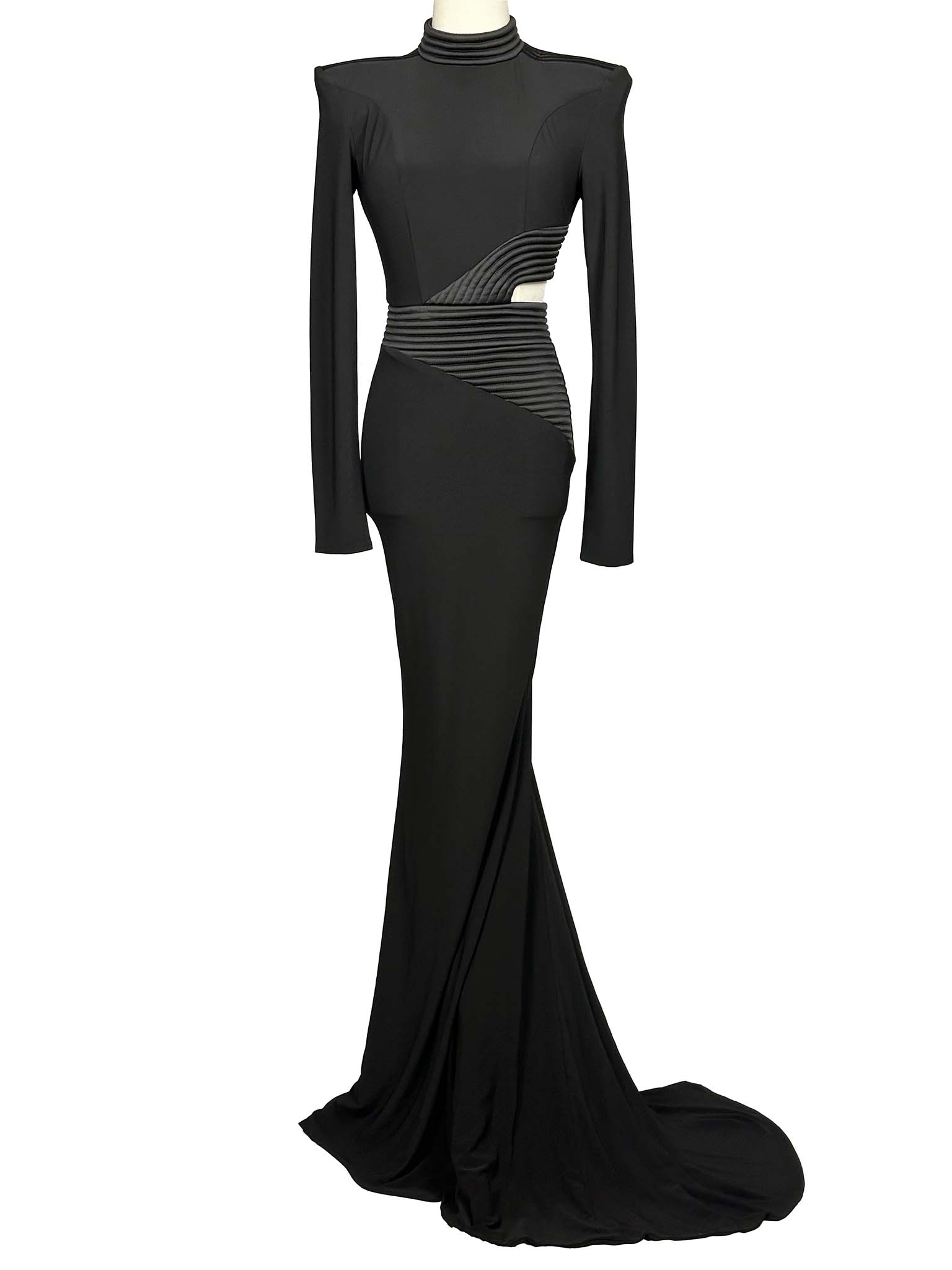 Zhivago black evening gown with long sleeves on a white background