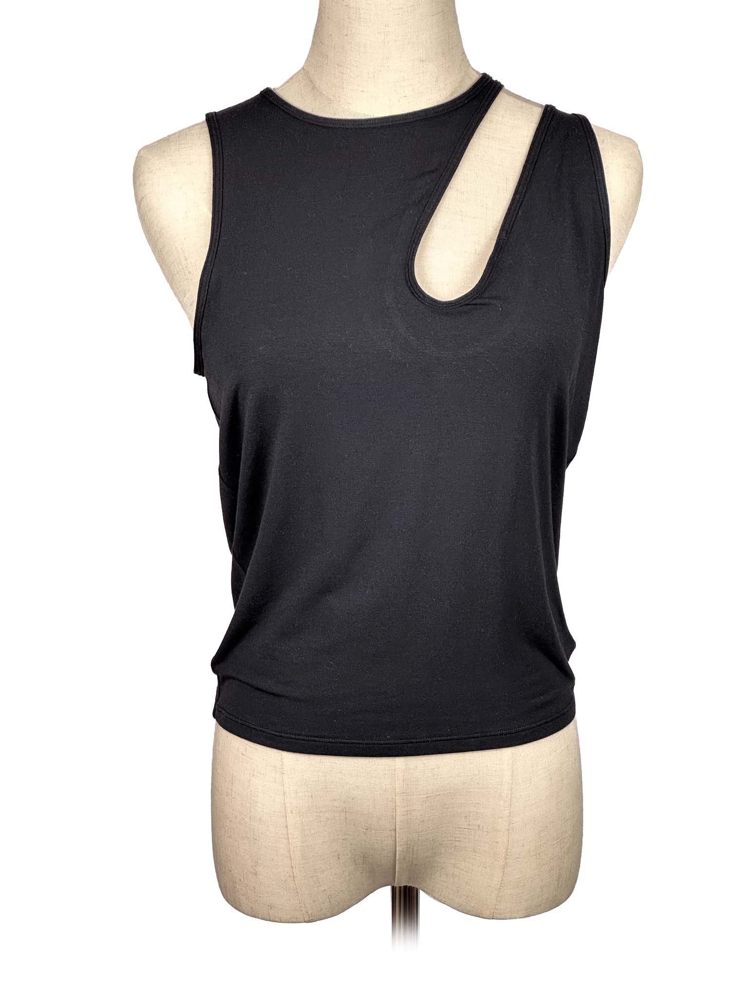 Lululemon black sleeveless top on a mannequin with a white background
