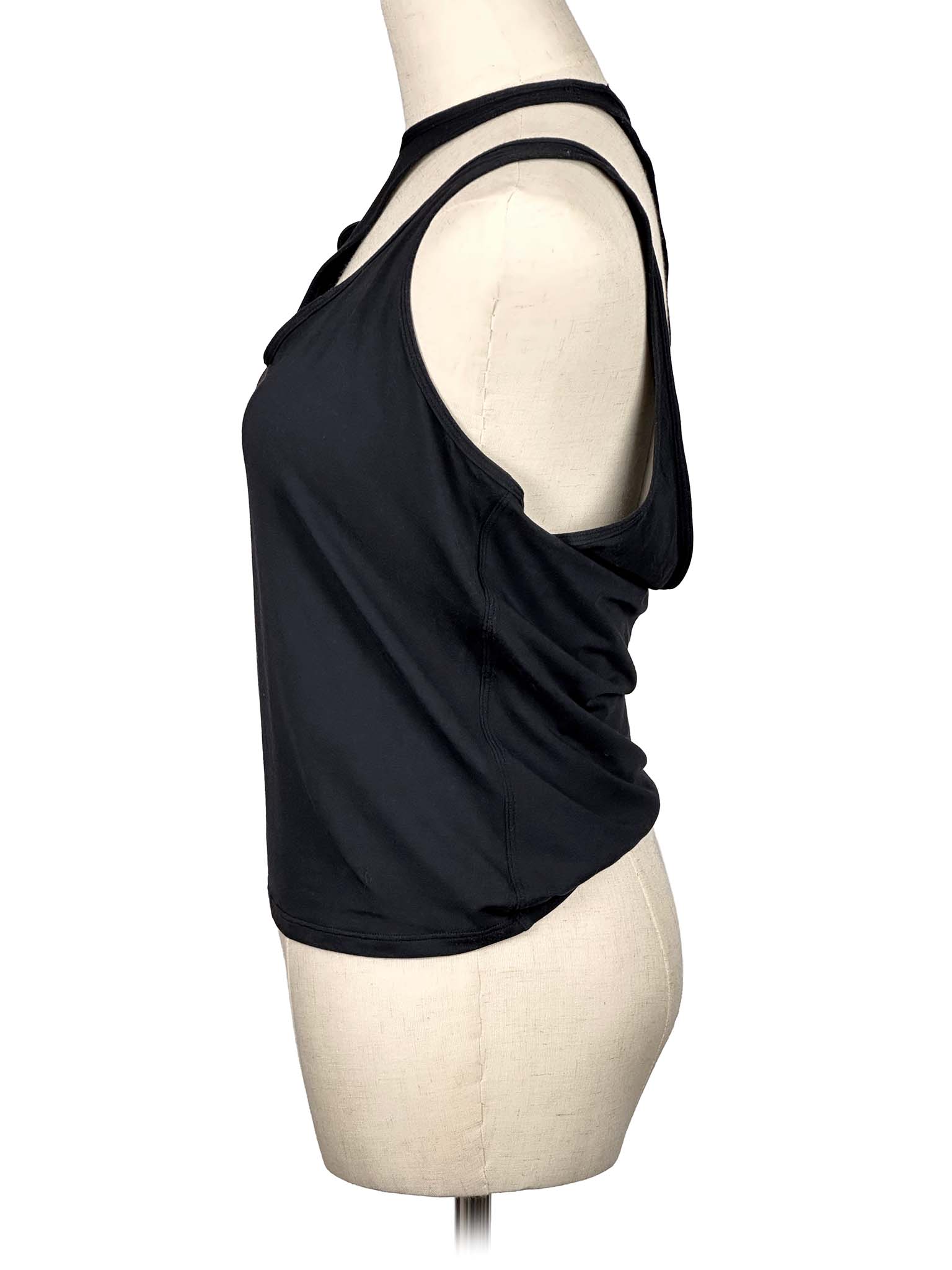 Lululemon black sleeveless top on a mannequin with a white background