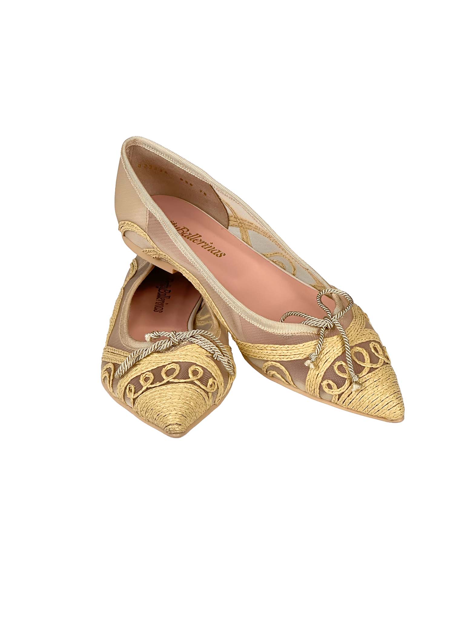 Pair of golden embroidered Pretty Ballerinas shoes on a white background
