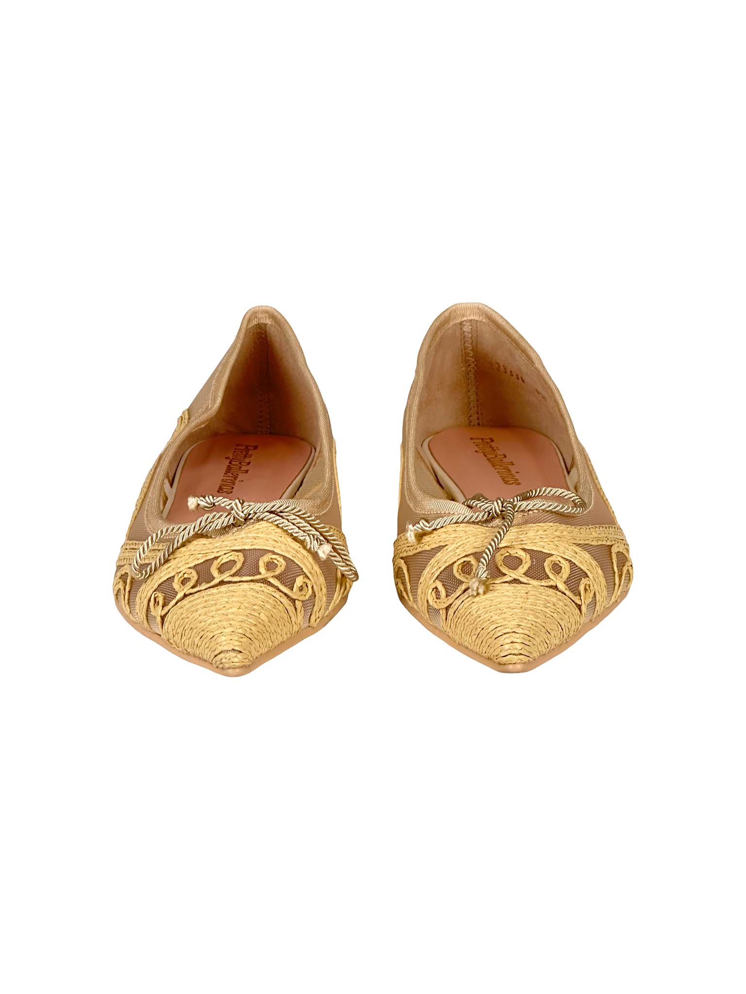 Pair of golden Pretty Ballerinas shoes on a white background
