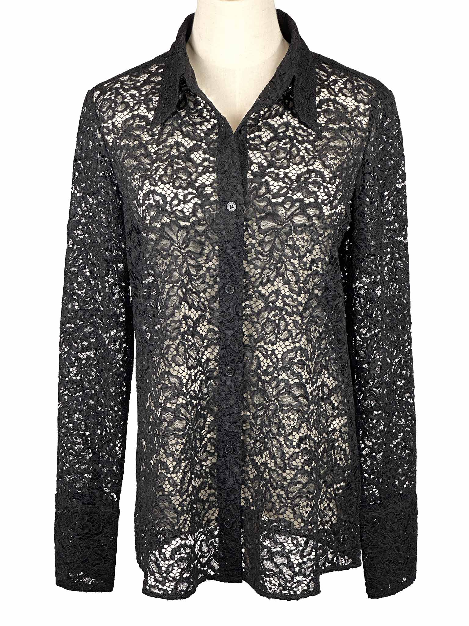 & Other Stories black lace shirt on a mannequin against a white background