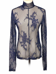 & Other Stories sheer navy lace top on a mannequin against a white background