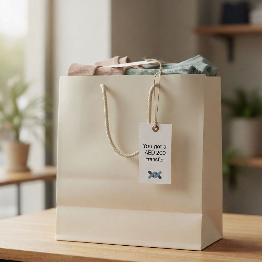 Beige gift bag with a tag on a wooden surface